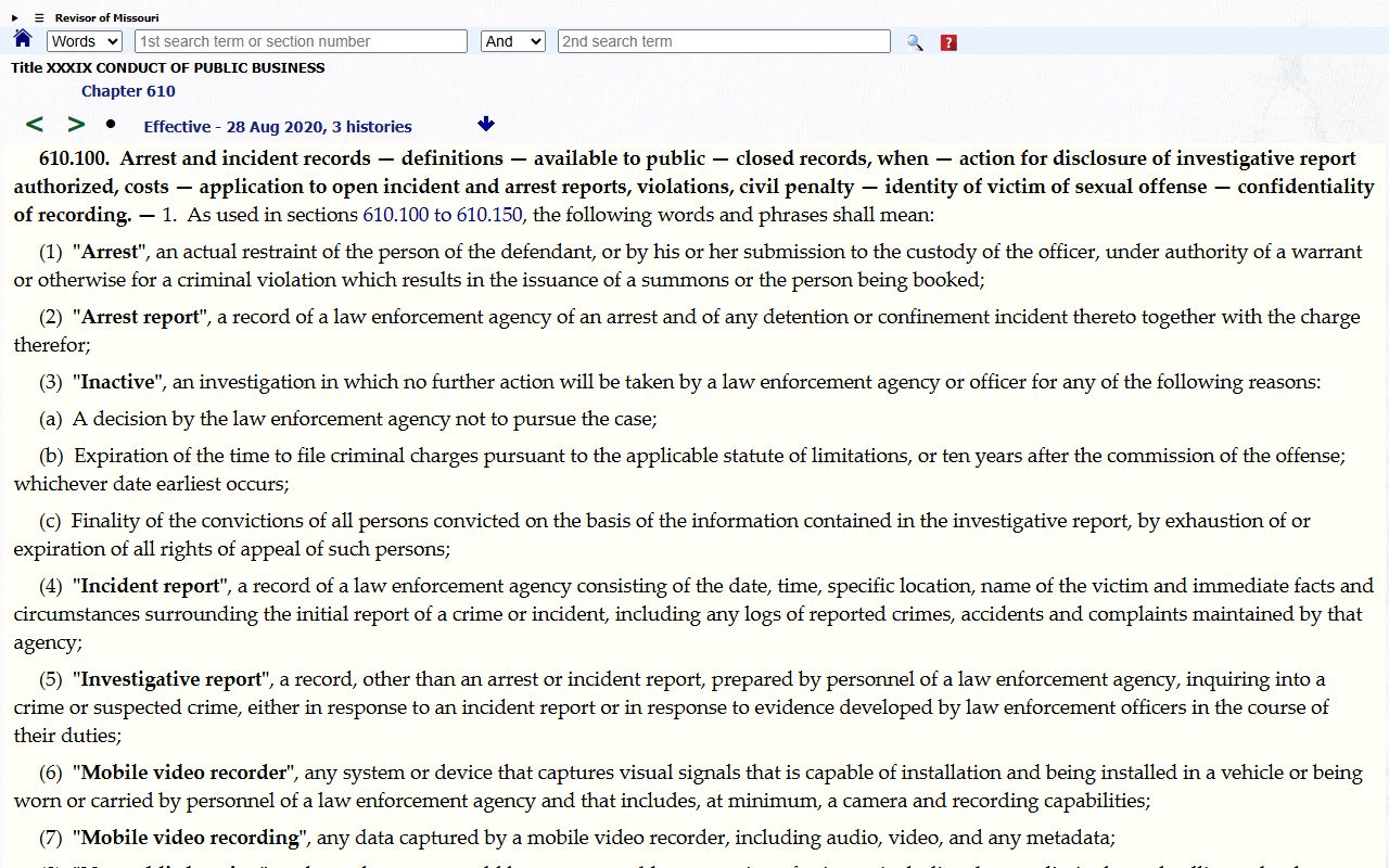 Daviess County criminal court records Missouri arrest incident record statute