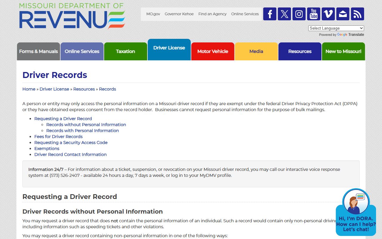 Daviess County traffic court records Missouri DOR driver records page